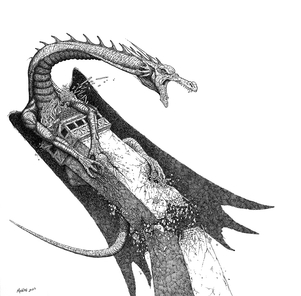 Fantasy Dragon Drawing Black and White Pen and Ink David Monette Artist